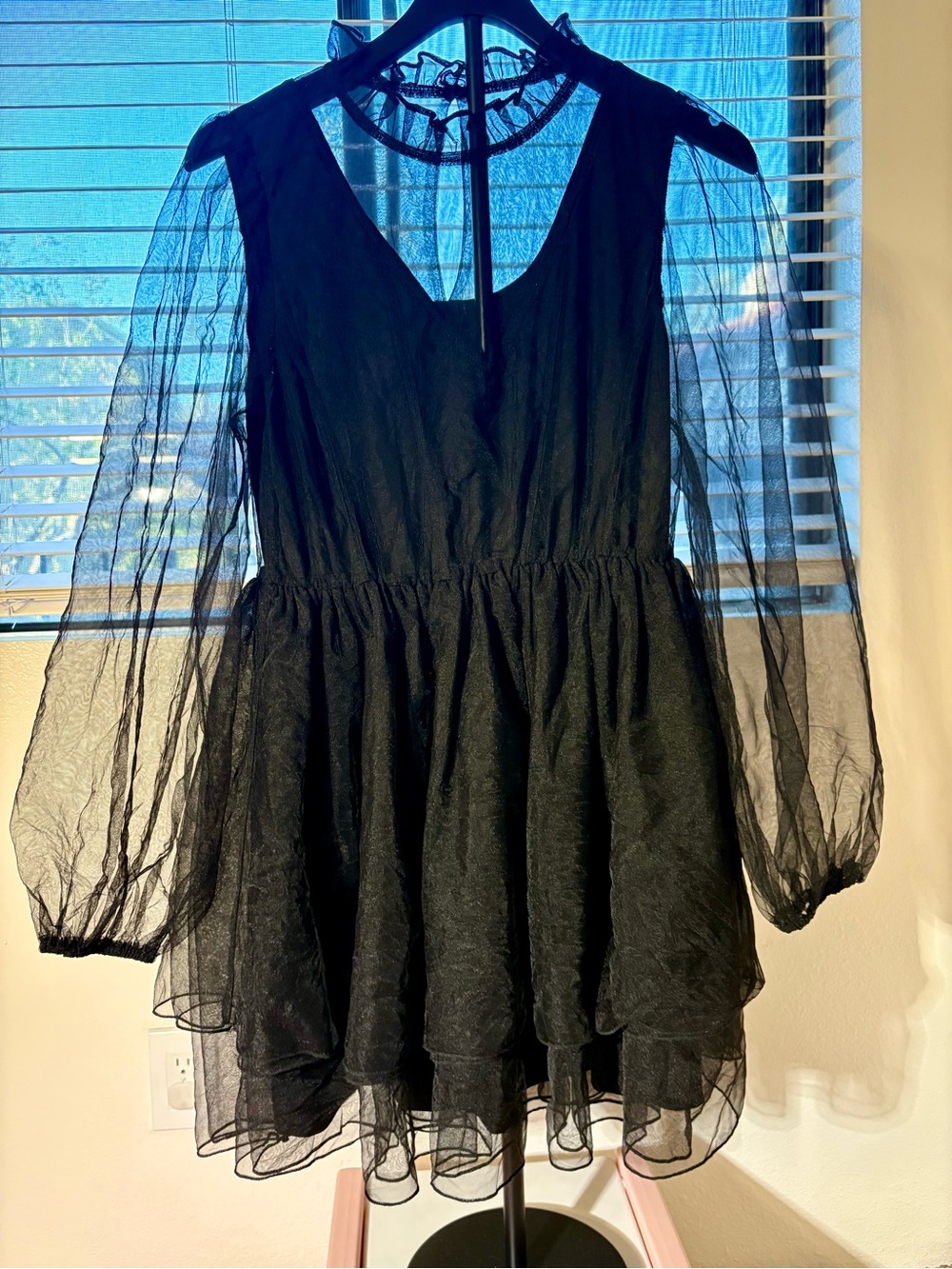 Disturbia Headhunter Frill Neck Black Tulle Mini Dress Gothic UK 10 US 6